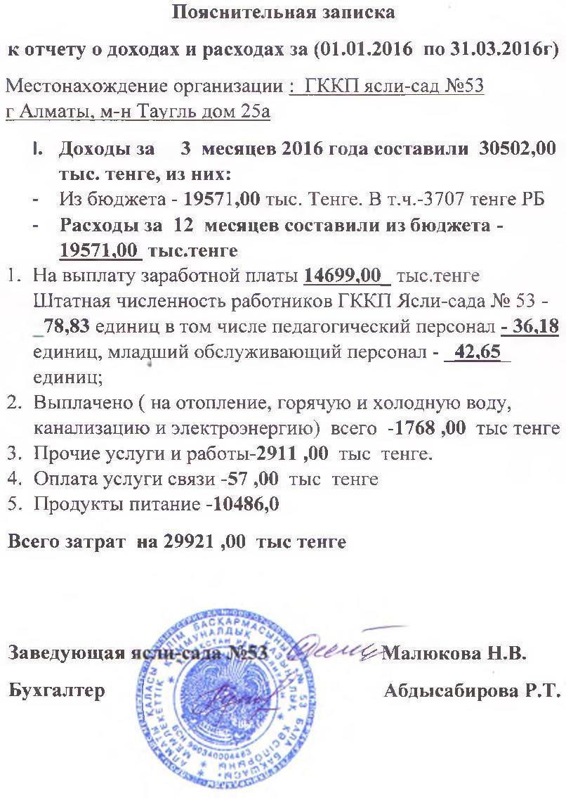 Отчет о доходах  и расходах за 1 квартал 2016  и пояснительная записка
