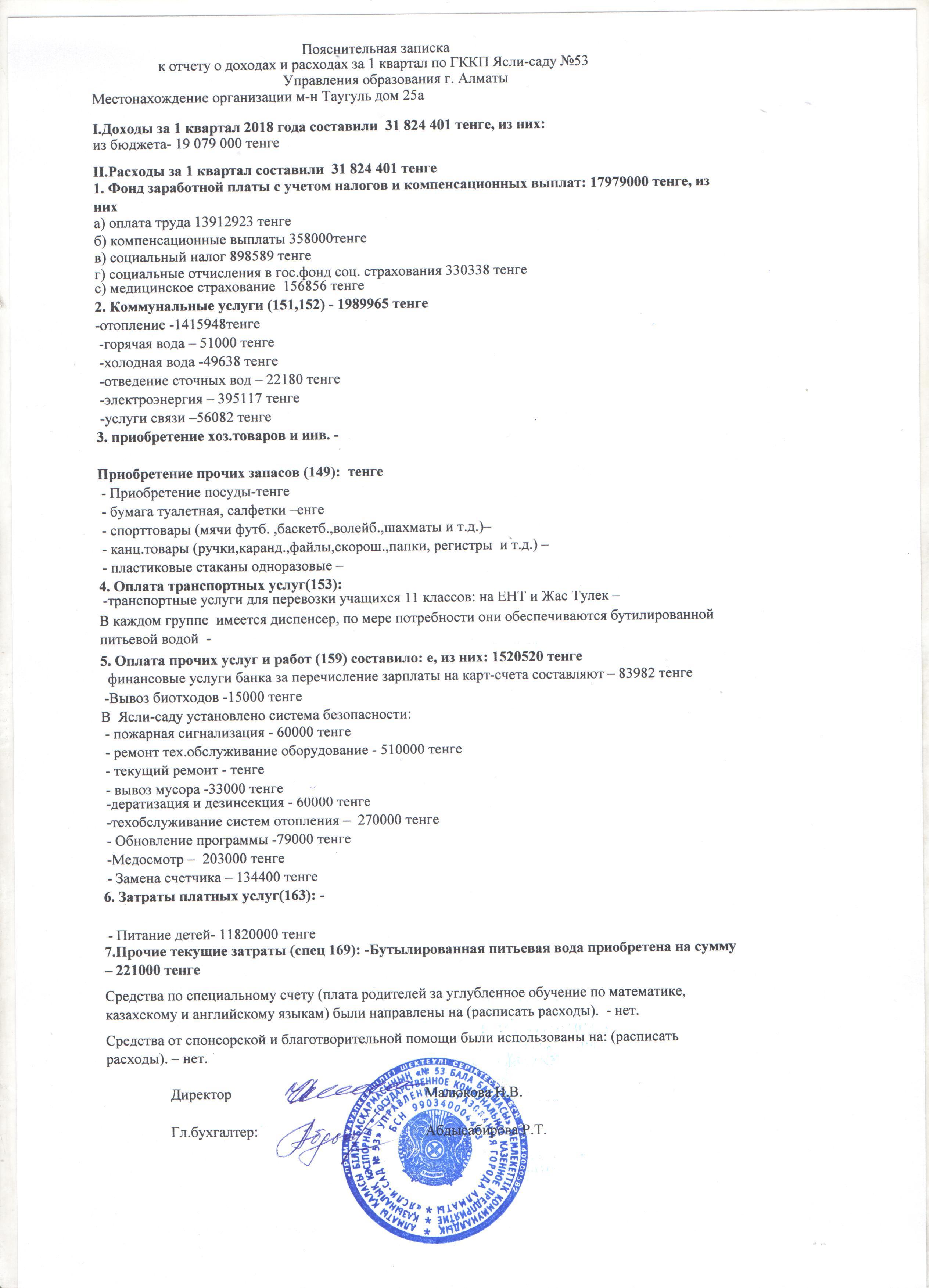 Отчет о доходах и расходах за 1кв 2018г